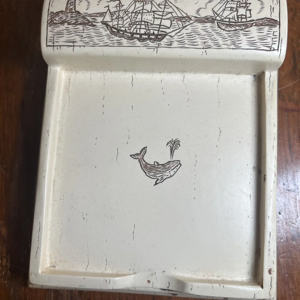 Vtg Sea Sail Boat Lighthouse Sperm Whale Faux Scrimshaw Notepad Holder Post-it